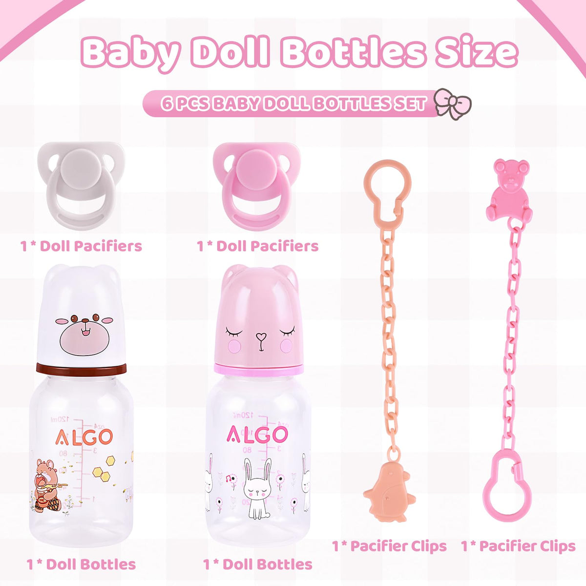 BABESIDE 6 Pcs Reborn Baby Doll Accessories Set, Cute Bear Pattern Baby Doll Bottles and Magnetic Pacifiers with Pacifier Clips Chain for Reborn Baby Dolls Girls & Boys