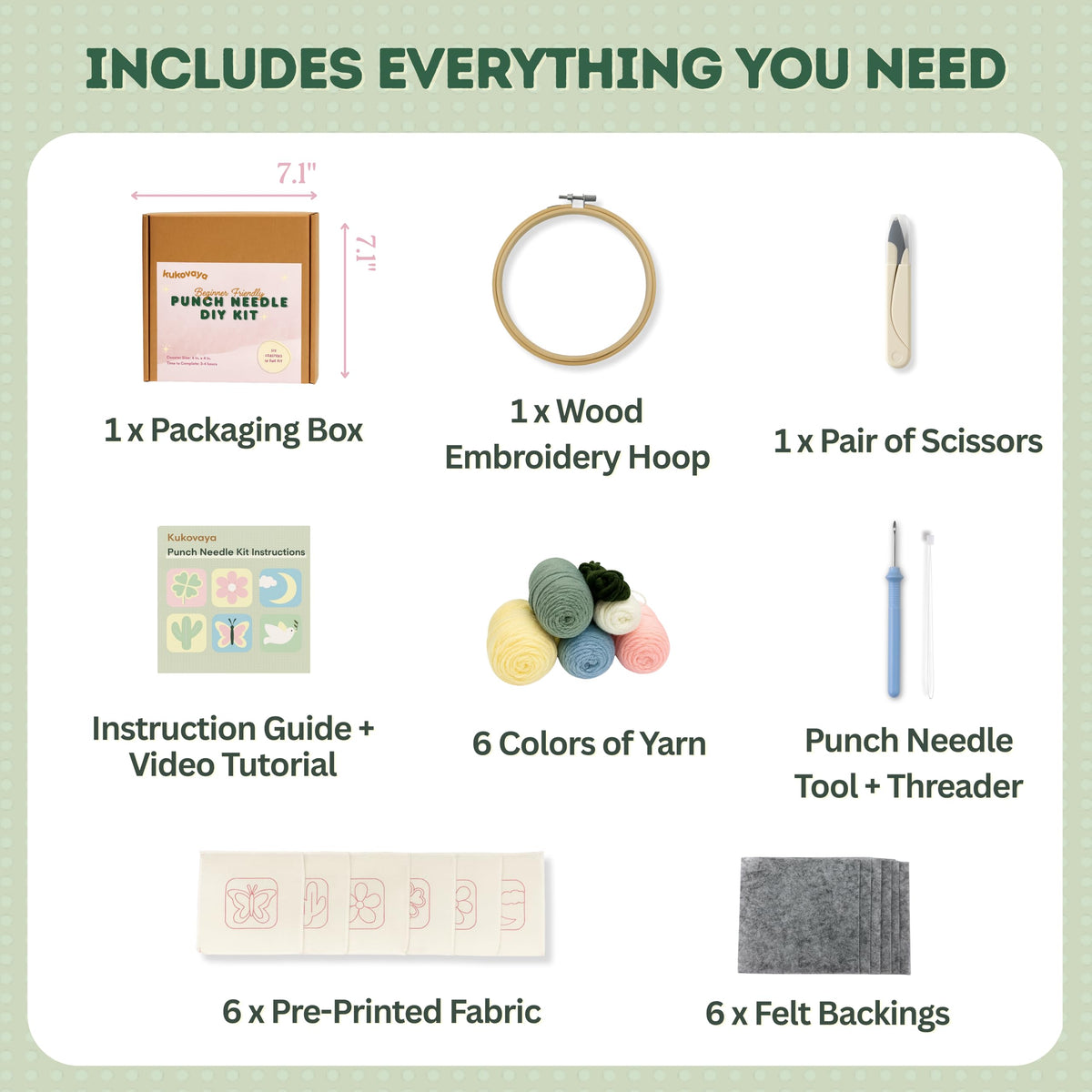 Kukovaya Punch Needle Kit for Beginners & Adults; Complete DIY Embroidery 6-Coaster Kit with Printed Fabric, Yarn, Needle, Hoop & Guide Easy Craft Kit for Home Decor, Gifts & Stress Relief