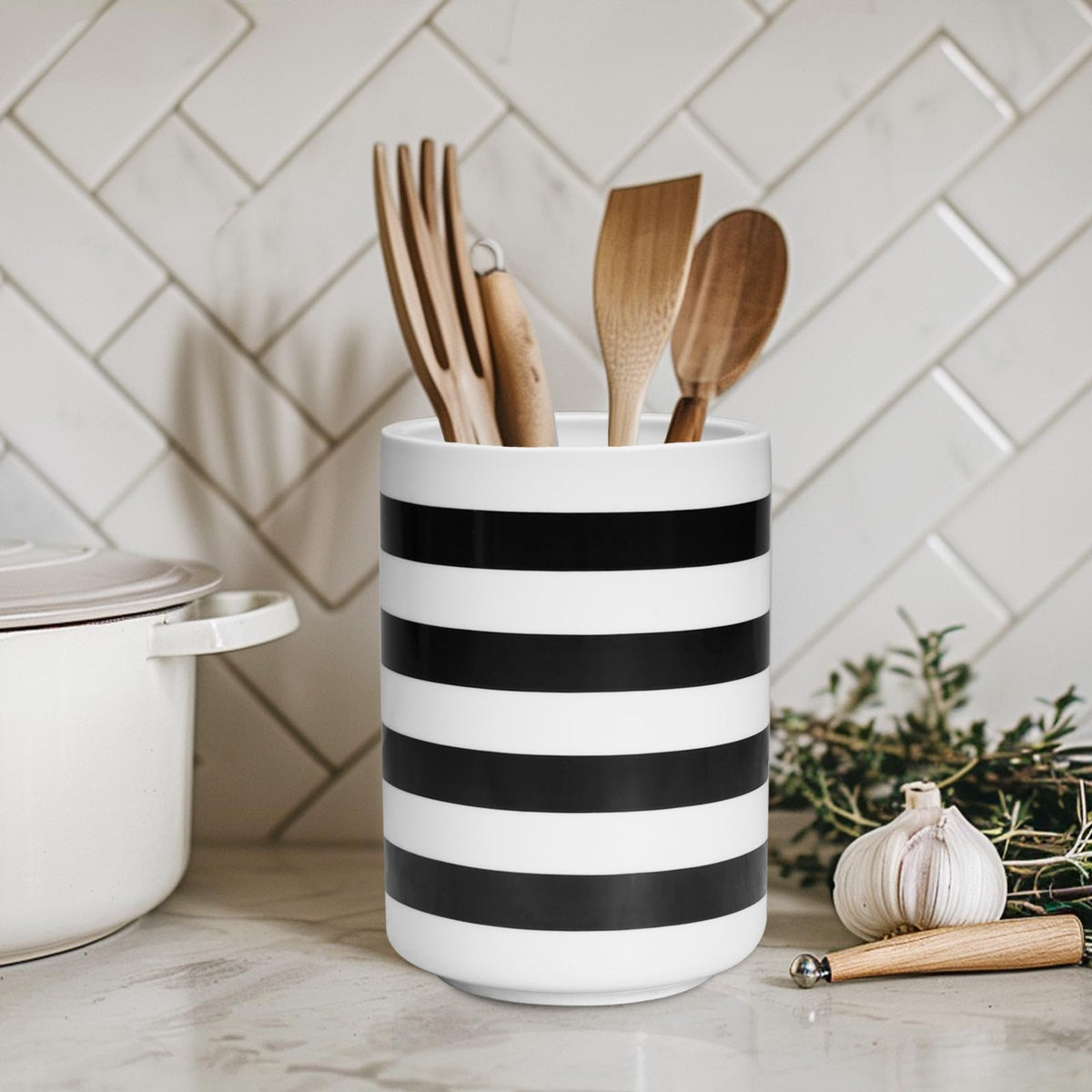 Sunddo Kitchen Utensil Holder, 6.7" Large Utensil Crock, Utensil Holder for Kitchen Counter, Ceramic Farmhouse Utensil Organizer for Kitchen Decor