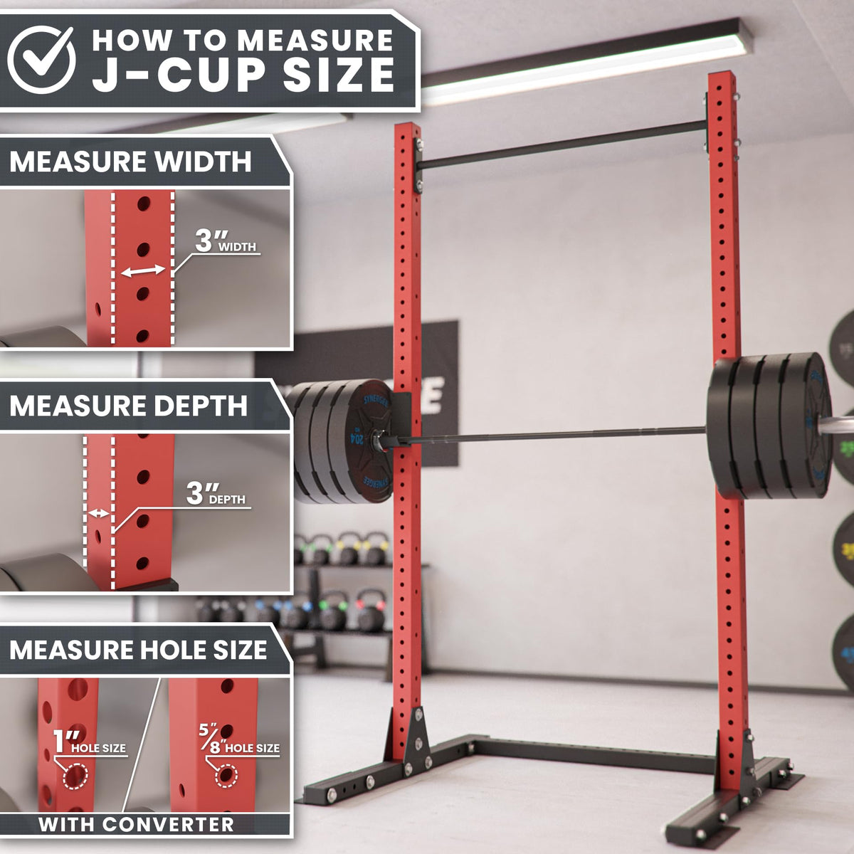 Synergee J-Hooks for Power and Squat Racks. 3x3 J-Cups Designed for 1” or 5/8 Hole. J-Hooks for Power Lifting, Squats and Presses. Sold in Pairs.