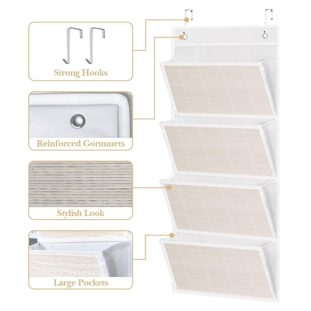 VERONLY Over the Door File Organizer - Hanging Wall Mounted File Folders Storage with 5 Extra Large Pockets for Home, 0ffice, Classroom,Chart Papers, Files, Letters,Planner, Documents (White)