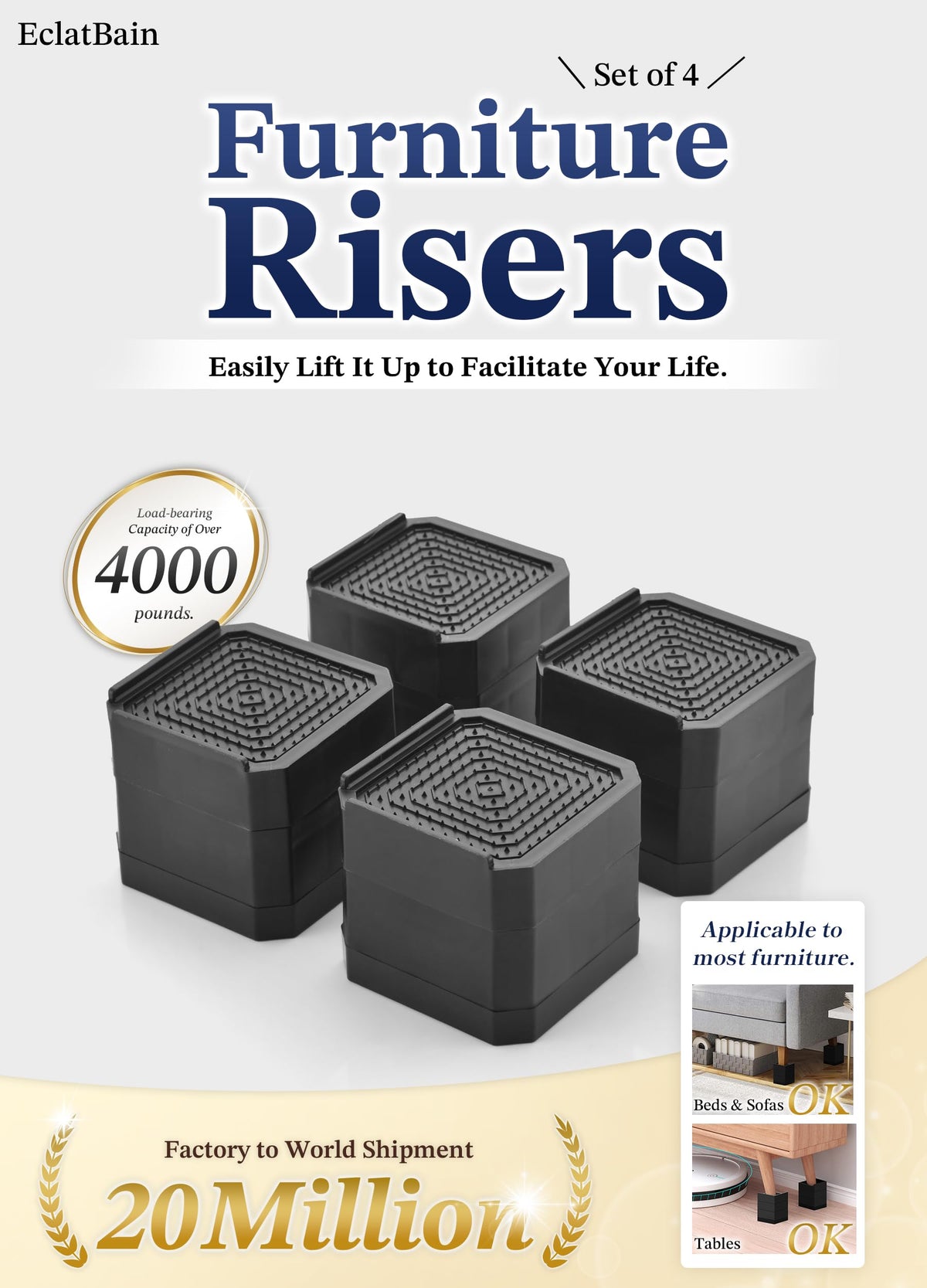 EclatBain Bed Risers Furniture Risers Heavy-Duty Rectangular Adjustable Block Lift to 3 inches and 4.3 inches Desk, Sofa, Chair Legs, Refrigerator, Washing Machine Support up to 4000 pounds