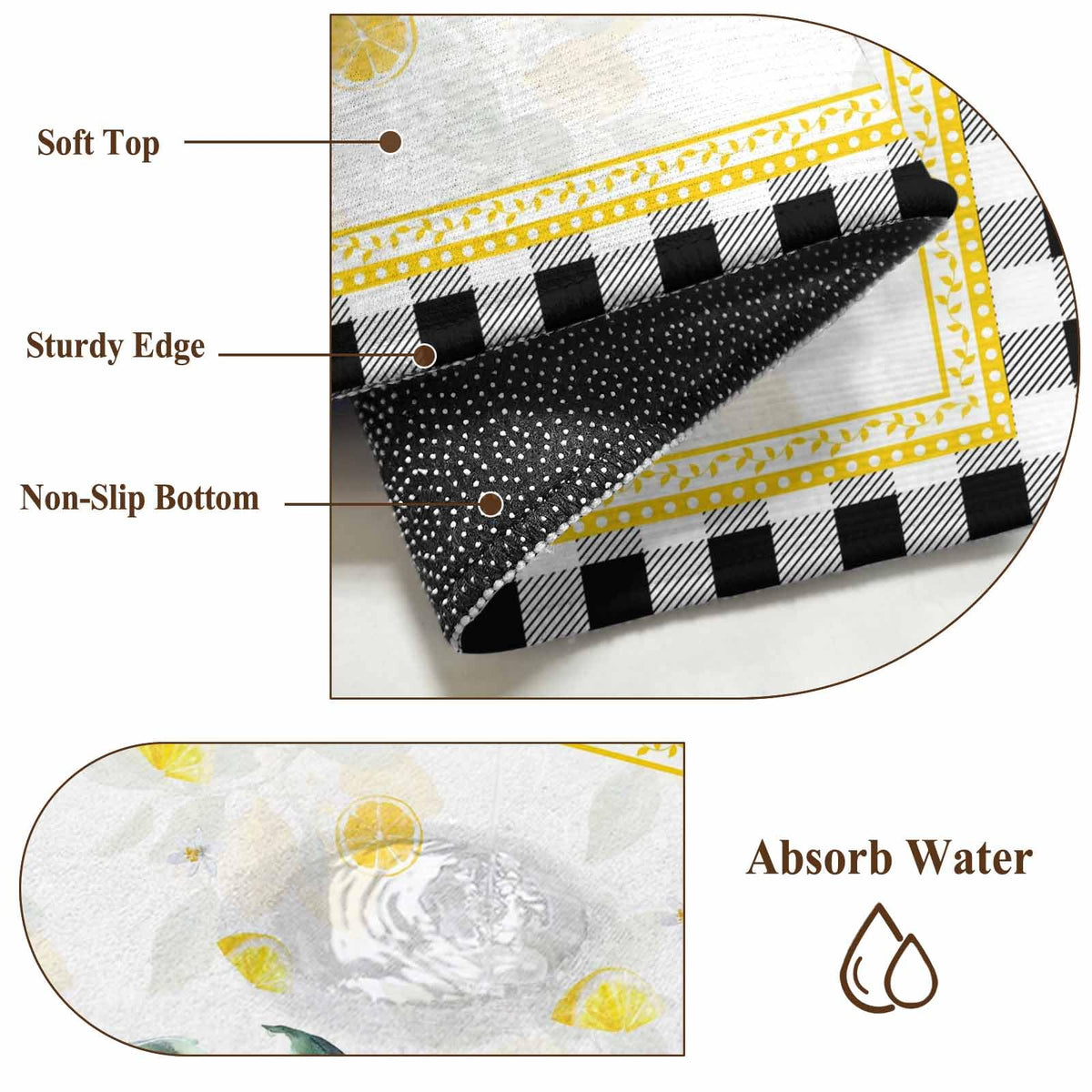 2'x6' Runner Rug, Yellow Lemon Washable Non-Slip Area Rugs for Hallway Kitchen Floor Bedroom Entryway, Summer Botanical Black White Plaid Pastoral StainResistant Laundry Carpet Decoration Indoor Mat