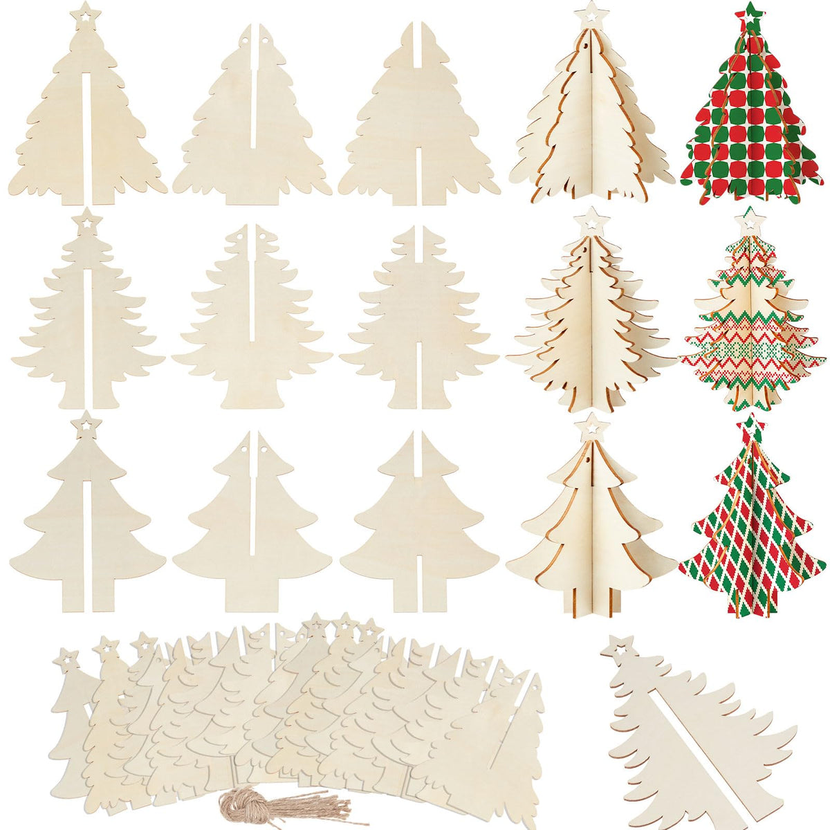 Chunful 36 Pcs Christmas Tree Wooden Crafts DIY 3D Christmas Tree Sign Xmas Unfinished Wood Cutouts Crafts Ornaments Blank Wooden Slices Hanging Decoration for Xmas Holiday Tabletop Gift