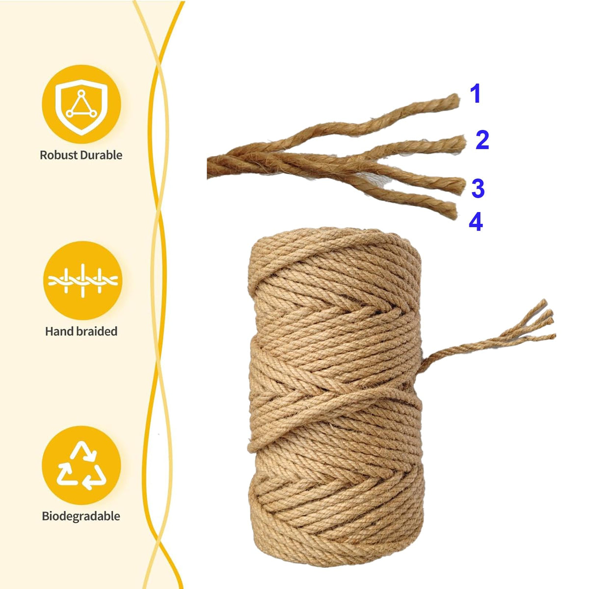 Jute Twine String 6mm(1/4 in) 164 Feet Long Natural Burlap String Rope Brown for Crafts Crafting Gift Wrapping Packing Gardening Crochet Knitting Macrame Decor DIY Arts Craft