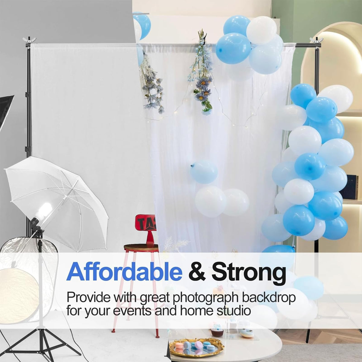 EMART Backdrop Stand 10x8.5ft(WxH) Photo Studio Adjustable Background Stand Support Kit with 2 Crossbars, 8 Backdrop Clamps, 2 Sandbags and Carrying Bag for Parties Events Decoration