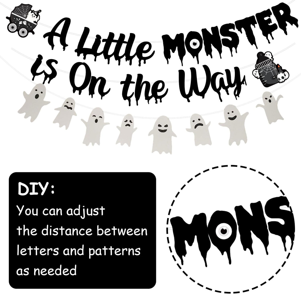 Halloween Gothic Baby Shower Decorations, A Little Monster is on the Way Banner Garland Ghost Bat Little Monster Cake and Cupcake Toppers Balloons Kit for Halloween a Baby Is Brewing Party Supplies