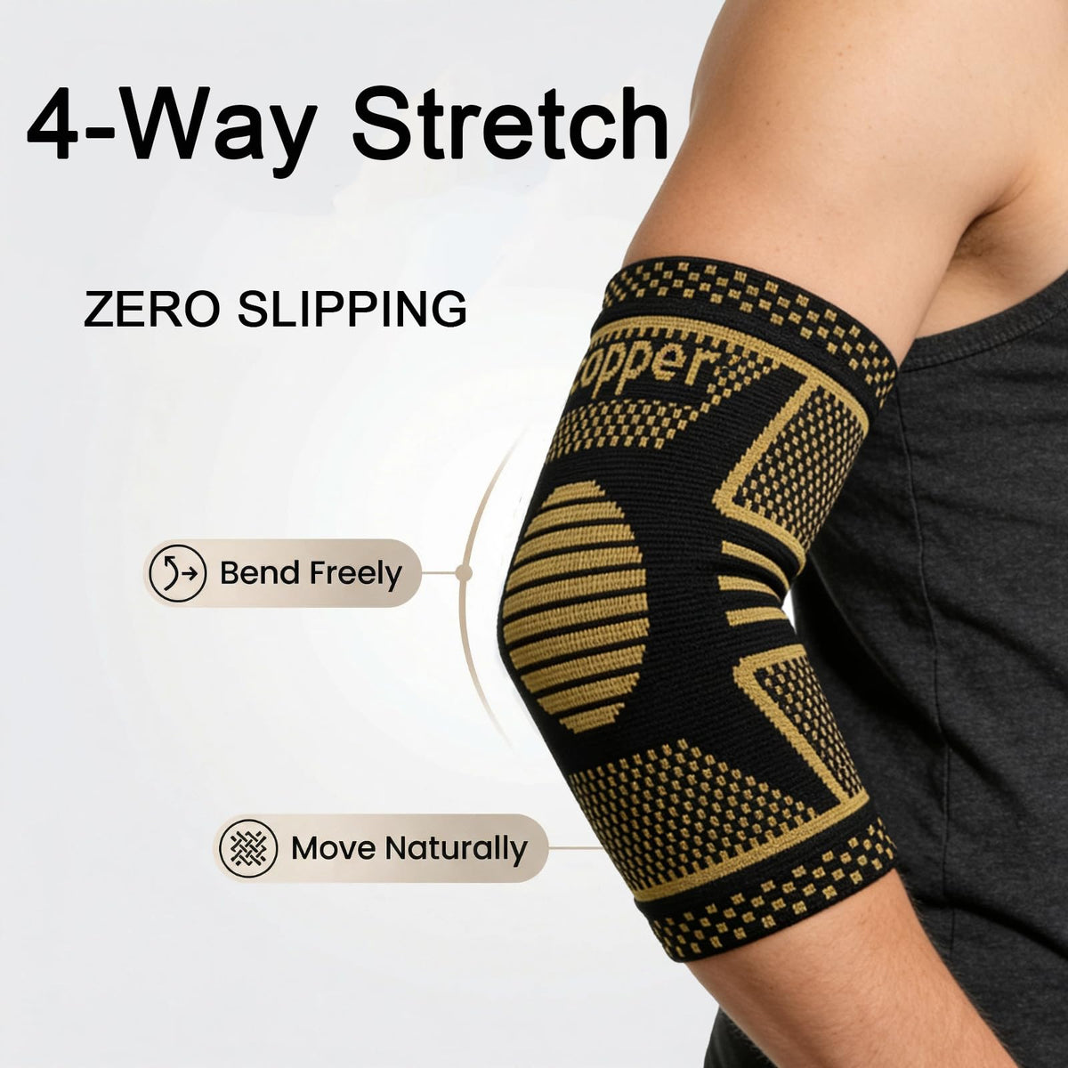 JIQUD Copper Elbow Compression Sleeve, Tennis Elbow Brace for Men and Women, 4-Way Stretch, Pain Relief, Recovery, Arthritis, Tendonitis, Bursitis (Black-Copper, Medium)