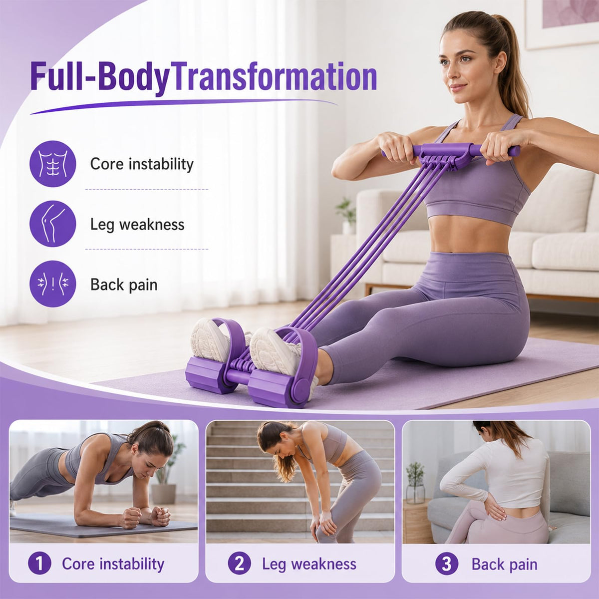 Pedal Resistance Band with Handles, 8 Tube Upgraded Exercise Band, 3-in-1 Multi-Function Latex Fitness Equipment for Foot Pull, Back & Chest Workout (Purple)