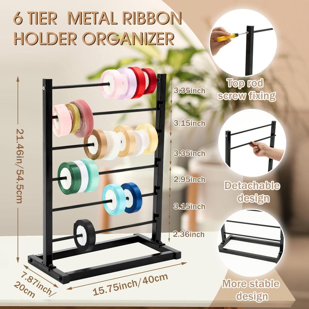 Menkxi 6 Tier Metal Ribbon Holder Organizer Rack Ribbon Rack Display Shelf Spool Holder Storage Organizer for Sewing Craft Thread Tape Wreath Crochet Roll Flower Store Wrapping Gift(Black)