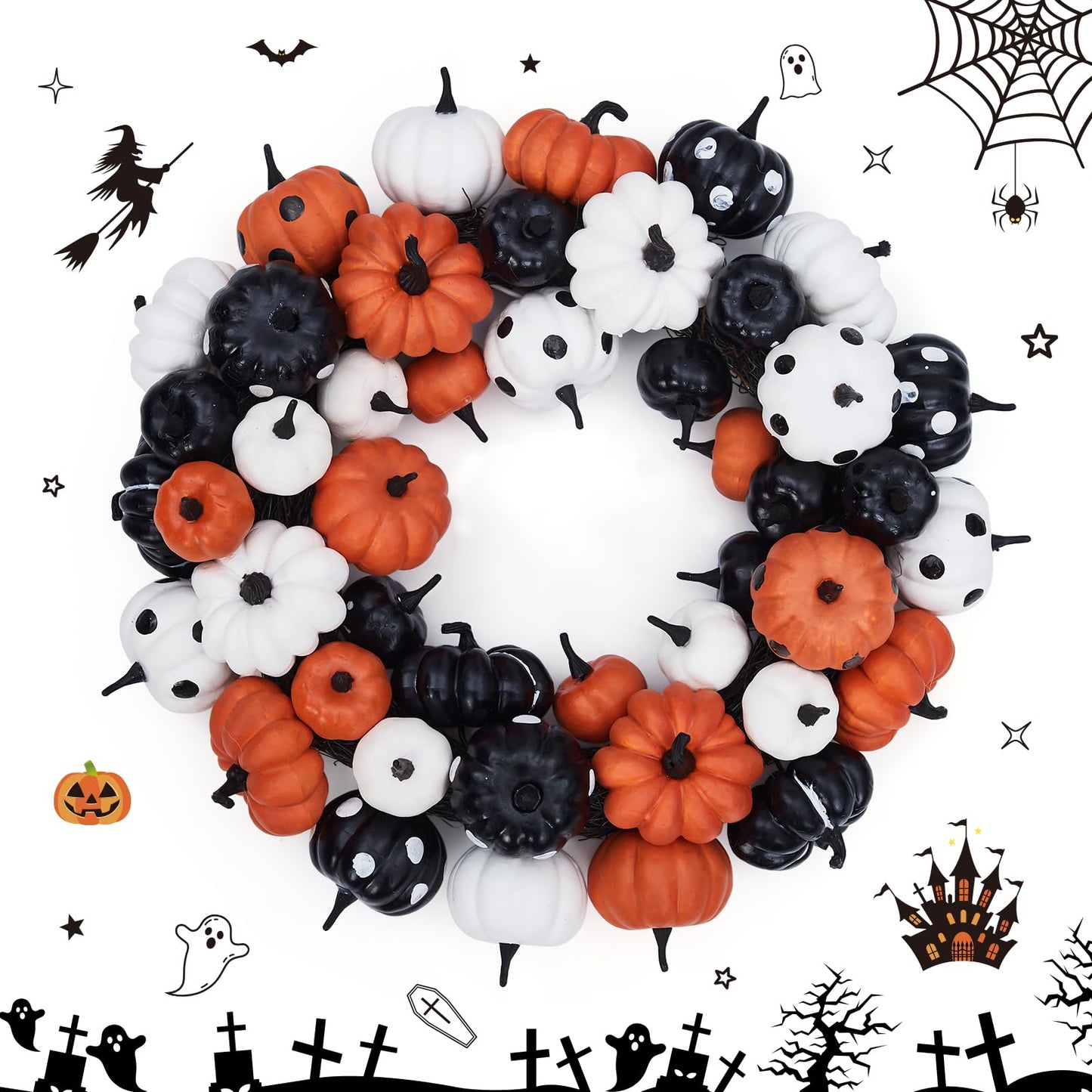 GarveeHome Halloween Pumpkin Wreath for Front Door, 18 in Fall Farmhouse Wreath with Orange, Black and White Pumpkins, Rattan Bottom Halloween Indoor Outdoor Home Party Decor
