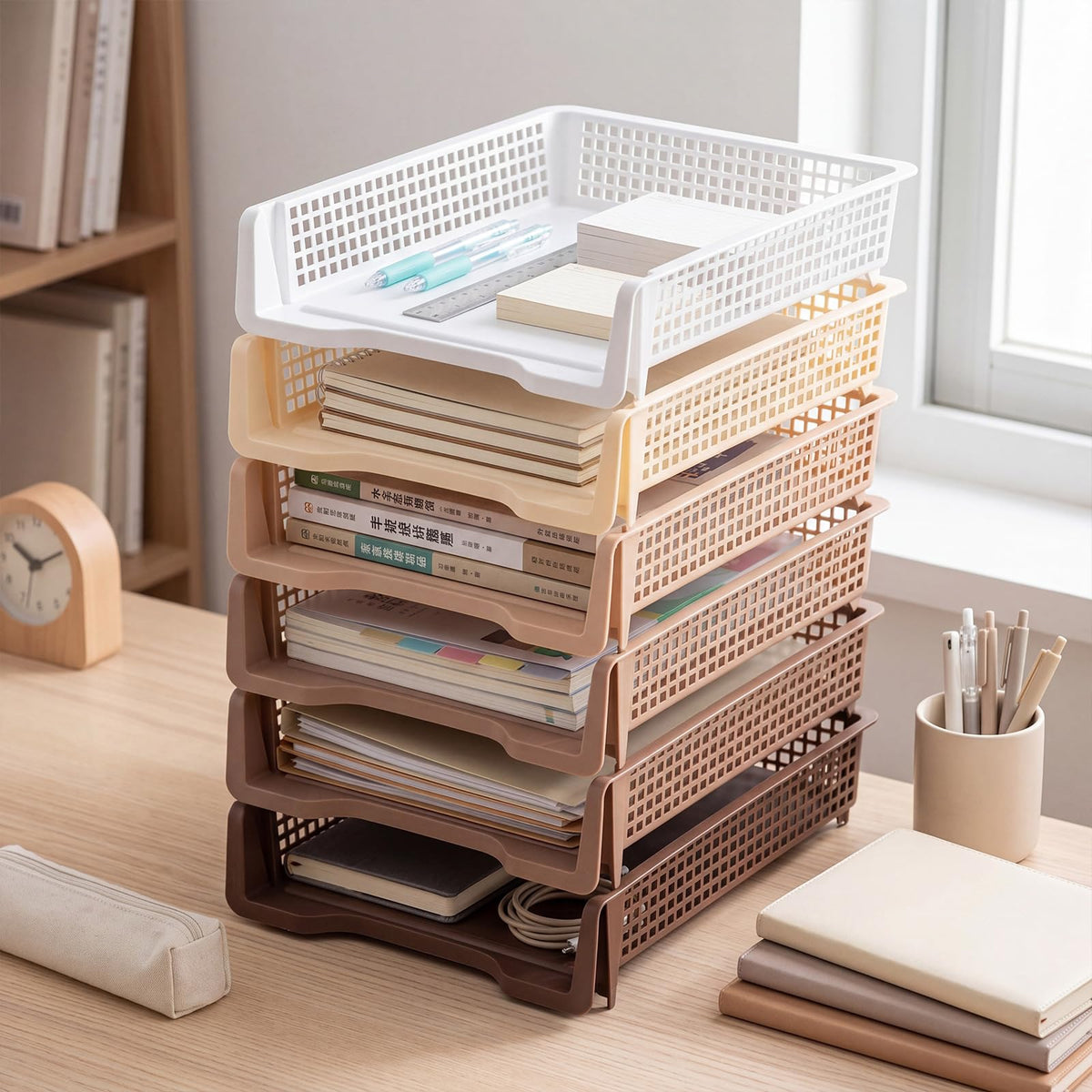 Geetery Set of 12 Plastic Trays for Teachers Turn in Trays Classroom Stackable Paper Tray Plastic Classroom Teachers Desk Letter Organizer Storage Baskets for Office, Desk, Home (Gradient Brown)