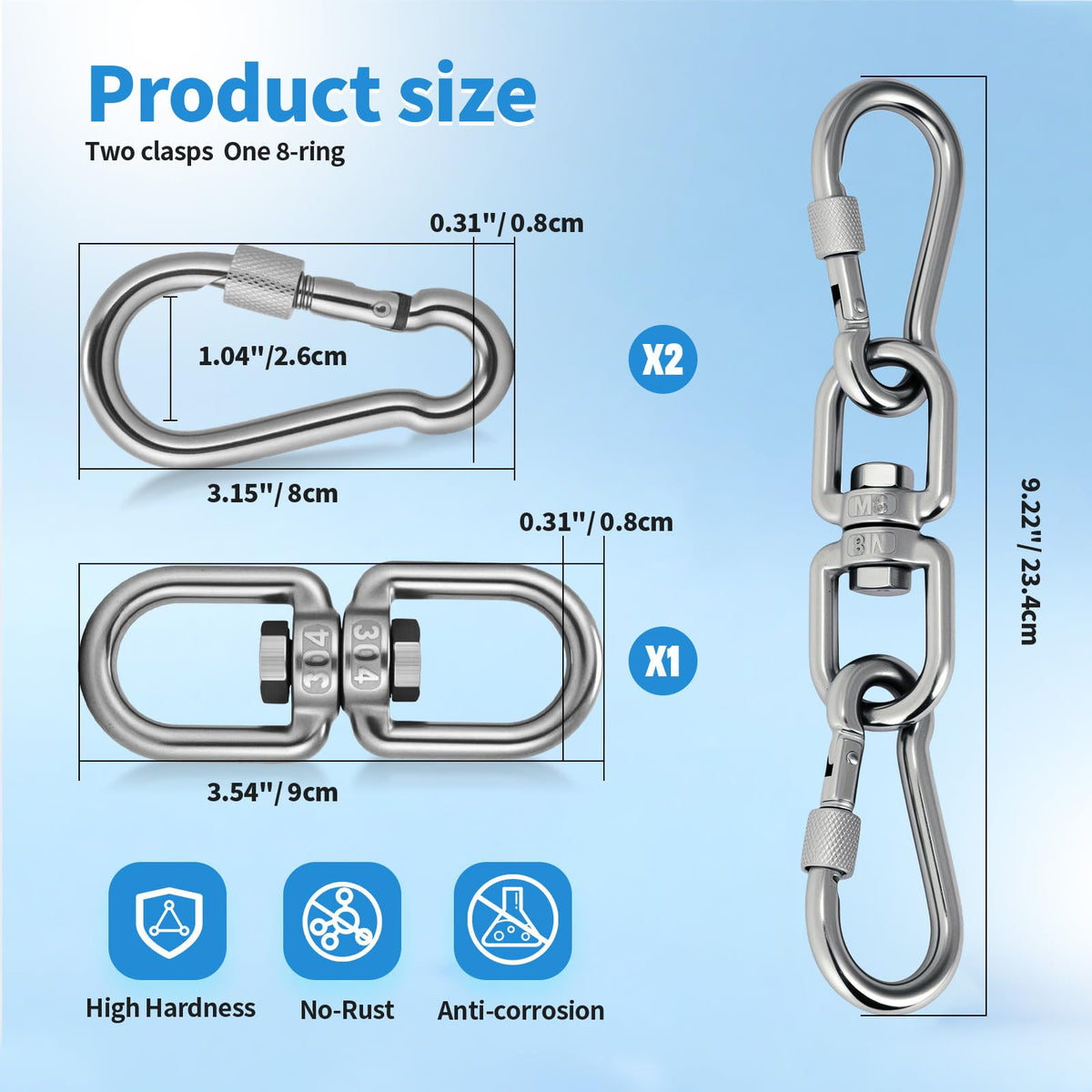 Aheucndg Heavy Duty 1200 lb Capacity Swivel Ring Double Ended Swivel Eye Hook, 304 Stainless Steel 1Pack Swivel Hooks + 2Pack Snap Hook, Easy Installation for Hanging Chair, Hammock, Boxing Bag, Gym