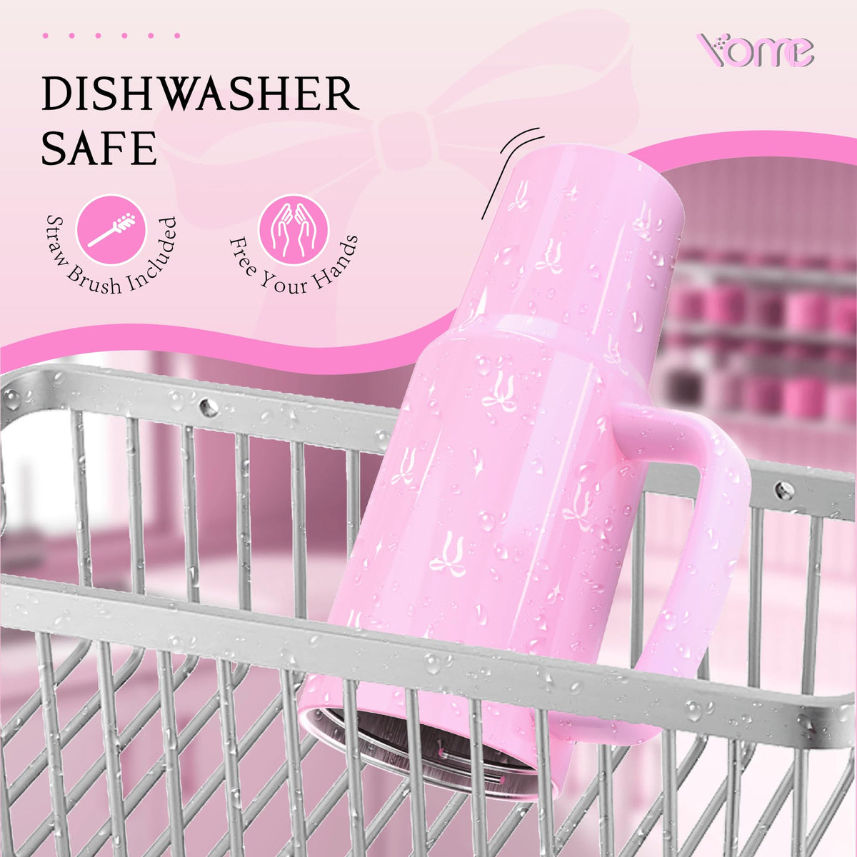 YOME 40 oz Bow Pink Tumbler with Handle and Flip Straw for Women | Stainless Steel Insulated Water Bottle | Keeps Drinks Cold | Dishwa