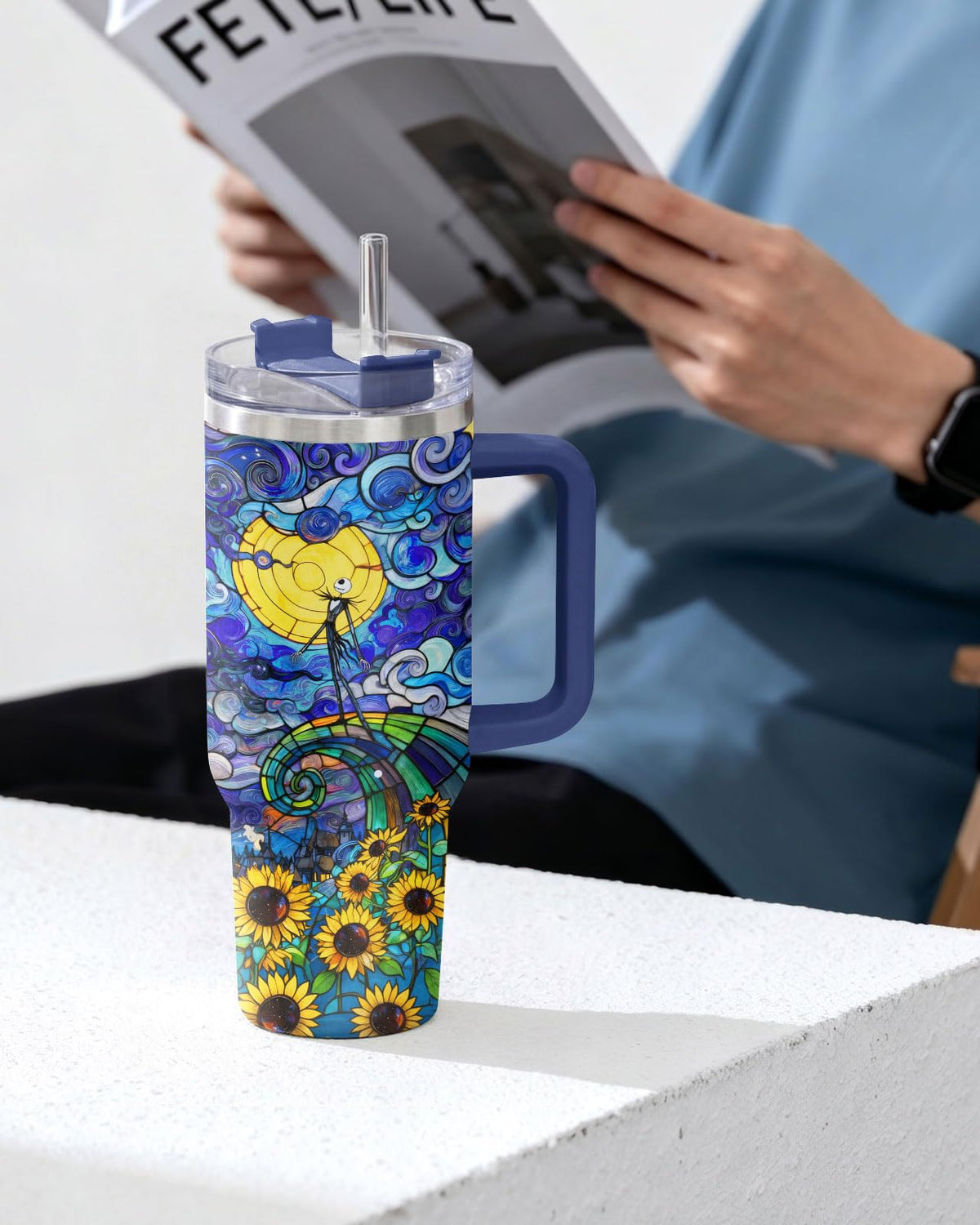 34HD Nightmare Skeleton Tumbler Starry Night Sunflower 40oz Tumbler Insulated Stainless Steel Gothic Art Coffee Cup Gifts for Movie Fans