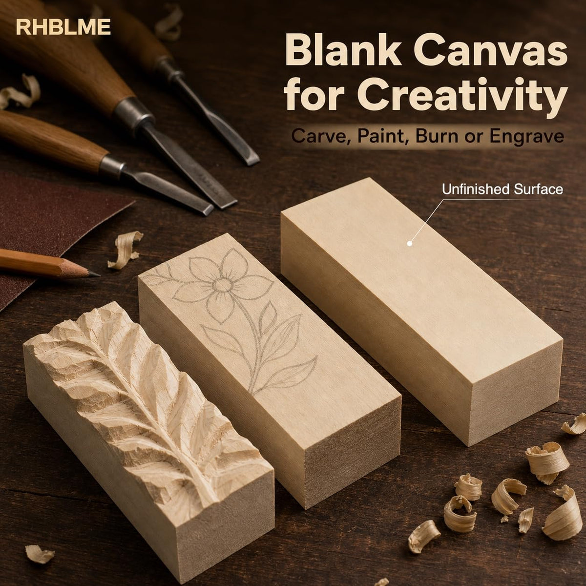 RHBLME 40 PCS Basswood Carving Blocks, 4" x 1" x 1" Unfinished Wood Blocks for Carving, Wooden Cubes Soft Solid Wooden Basswood for Wood Carving Beginners or Expert Carvers and Whittling