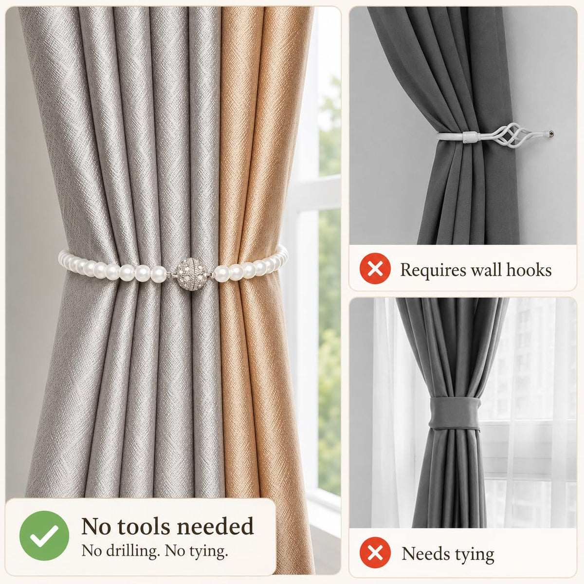 Pearl Bow Magnetic Curtain Tiebacks 2 Pack, No Drill Curtain Holdbacks with Strong Magnets, Decorative Pearl Curtain Holders for Living Room Bedroom Home Decor