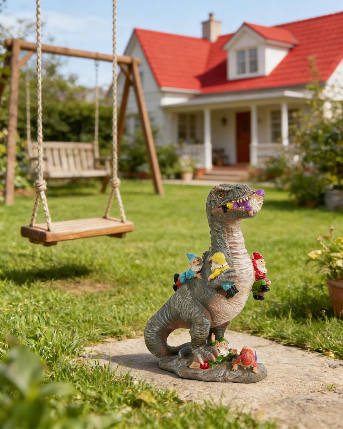 HORTIX Dinosaur Garden Gnome Statue 12”, Outdoor Yard & Garden Decor, Patio Lawn Decoration, Gardening Gifts for Women, Housewarming Present