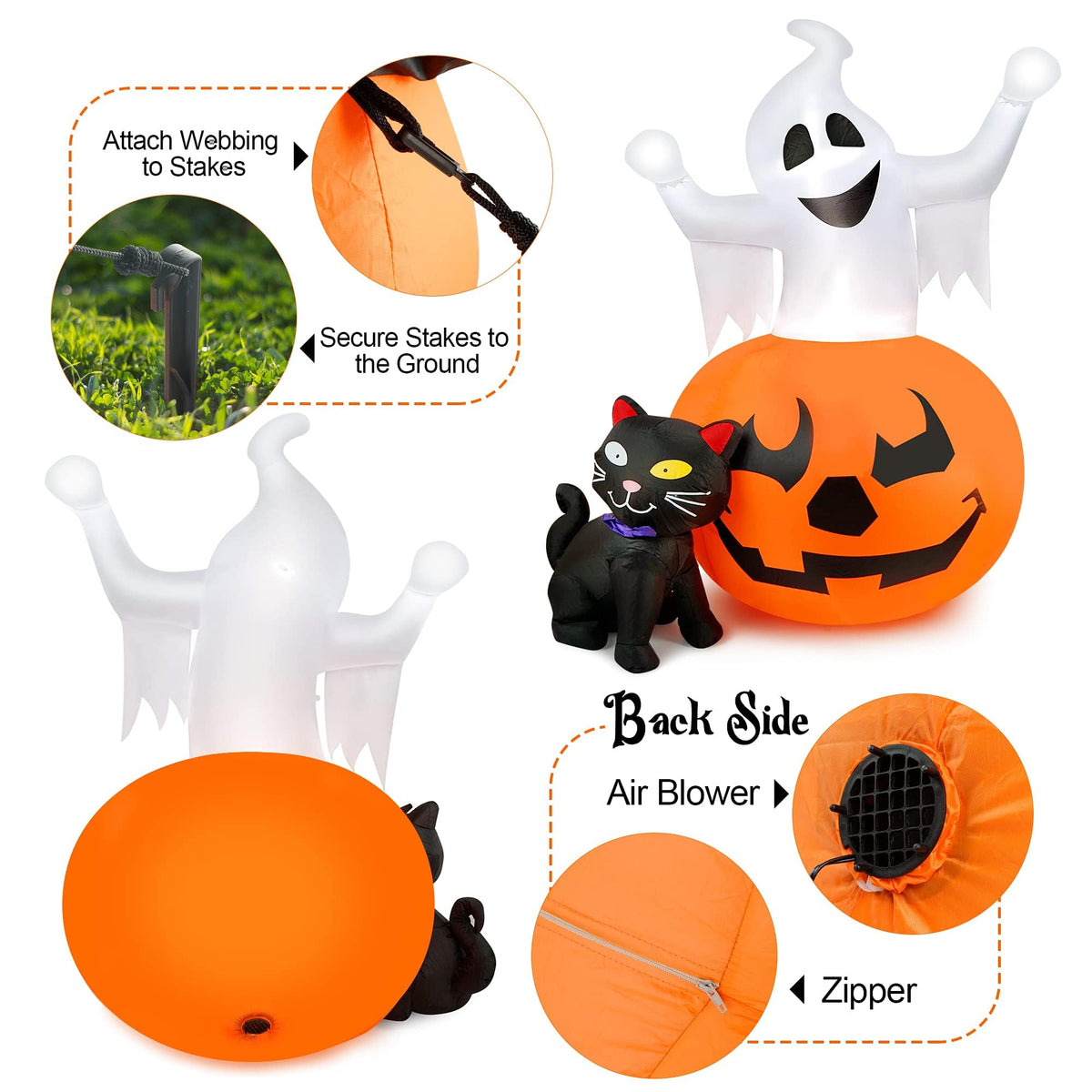 5 FT Halloween Inflatables Outdoor Spooky Pumpkin and Witch' s Black Cat Combo Inflatable Decor, Halloween Blow Up Yard Decorations Clearance with Build-in LED Lights, Halloween Outdoor Decorations