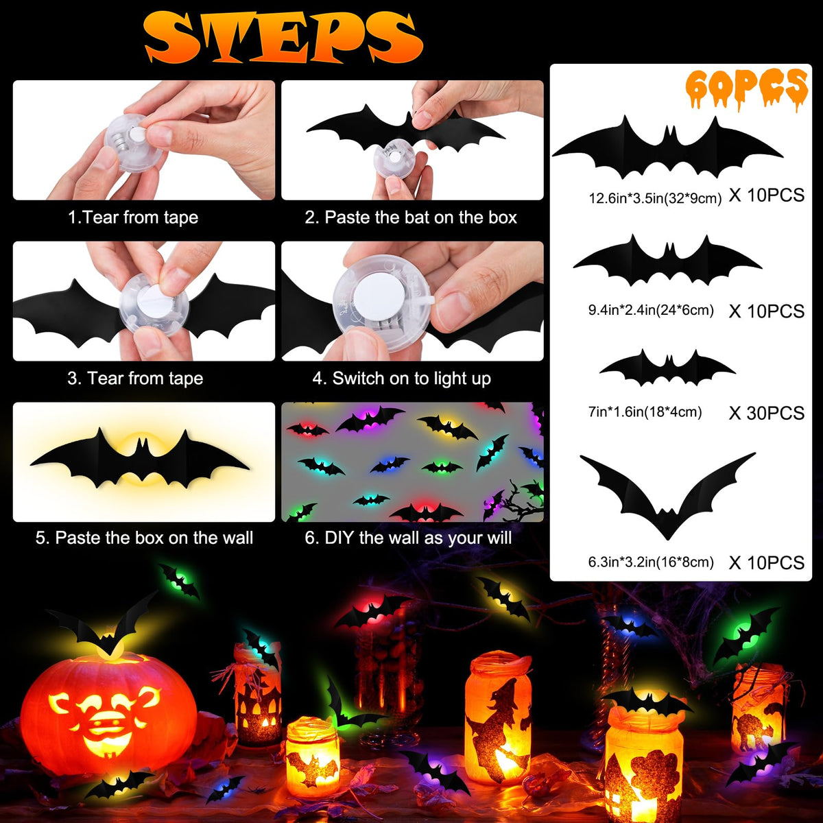 LeeSky 60 Pack Halloween 3D Lighted Bats Wall Decor, 3D Light Up Halloween Bats Wall Stickers for Halloweens Outdoor Indoor Bedroom Window Home Decals