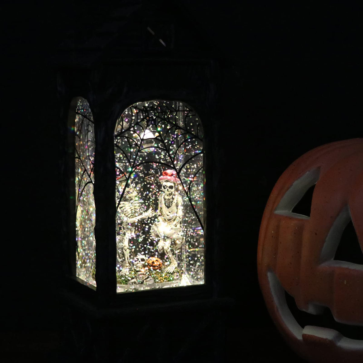 DRomance Halloween Snow Globe Projection Lantern with 6 Hour Timer, 3 AA Batteries Operated & USB Powered Skeleton Lighted Water Lantern Glittering Halloween Decor Gift, 10.7 Inch Tall
