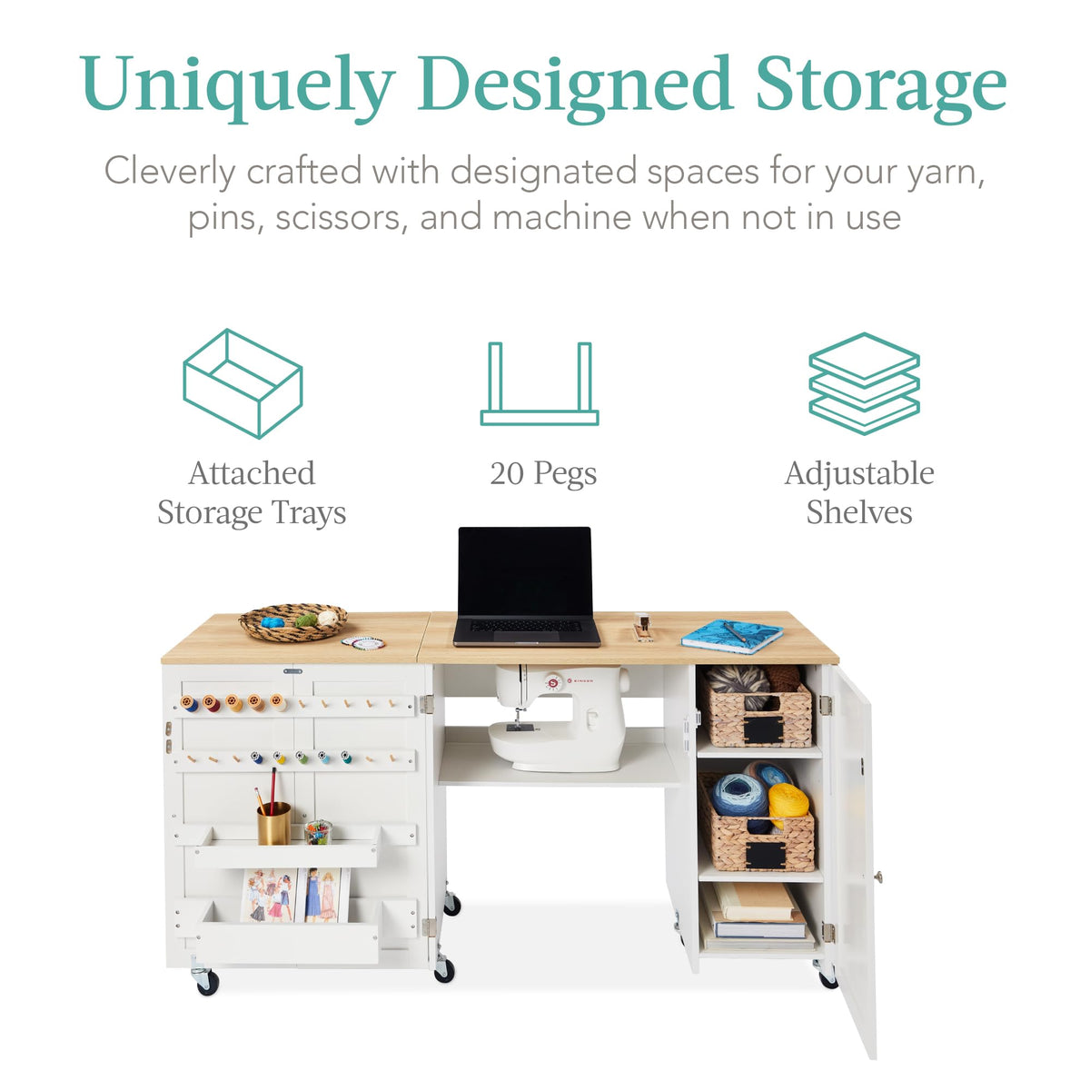 Best Choice Products Large Folding Sewing Table, Multipurpose Portable Craft Station & Side Desk w/Compact Design, Caster Wheels, Storage Shelves, 2 Storage Trays, Magnetic Doors - Natural/White