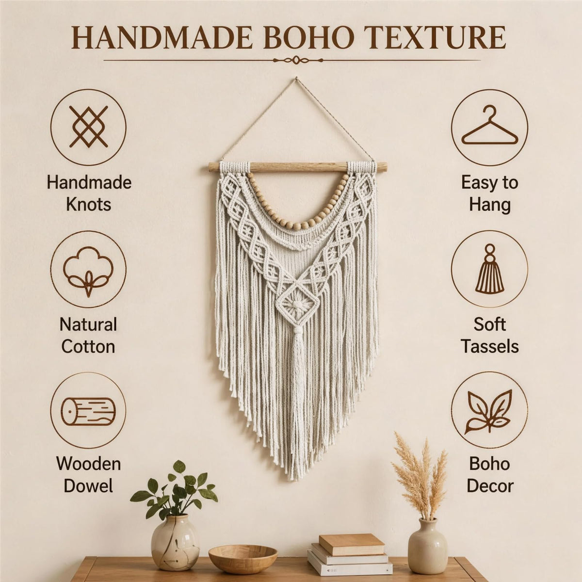 31.5×15 Inch Boho Macrame Wall Hanging, Handwoven Tapestry with Wooden Beads, Boho Home Decor