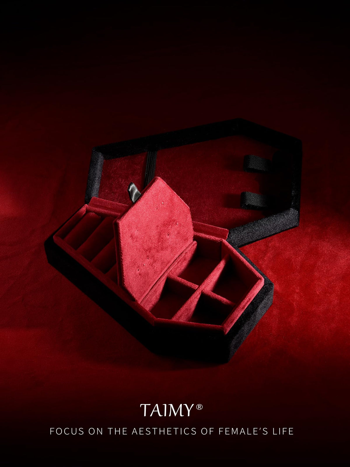 TAIMY Coffin Jewelry Box, Mini Coffin Shaped Gothic Jewelry Case, Plush Velvet Small Jewelry Organizer for Earrings Rings Necklaces Bracelets(Black-Red)