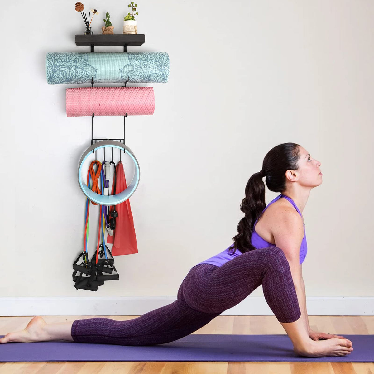 VINAEMO Yoga Mat Holder Accessories Wall Mount Organizer Storage Decor Foam Roller and Towel Storage Rack with 4 Hooks and Wooden Shelves Yoga Mats Rack Resistance Bands for Home Gym School Office