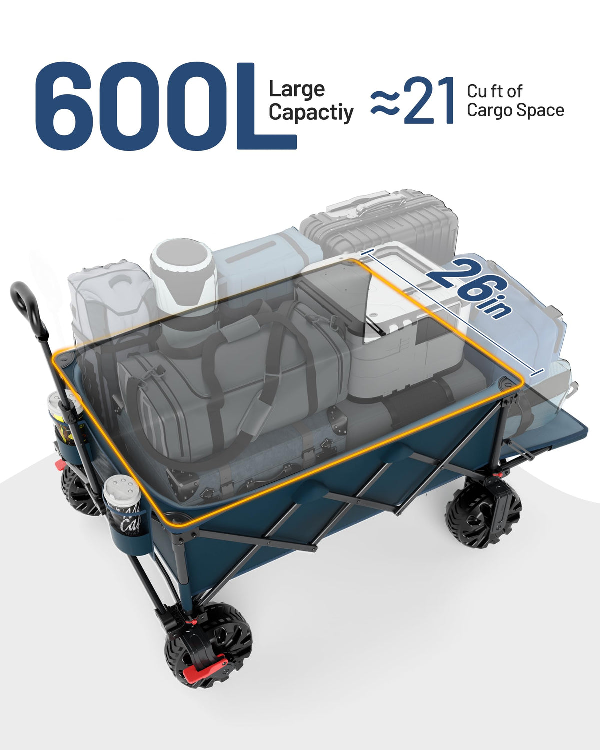 TIMBER RIDGE 600L Beast Wagon 26" W Extra Wide All Terrain Folding w/Big Wheels, Cargo Net & Tailgate, 26" W and 55.25" L, 400lbs Heavy Duty Collapsible Portable Cart for Camping, Sports, Dogs, Blue