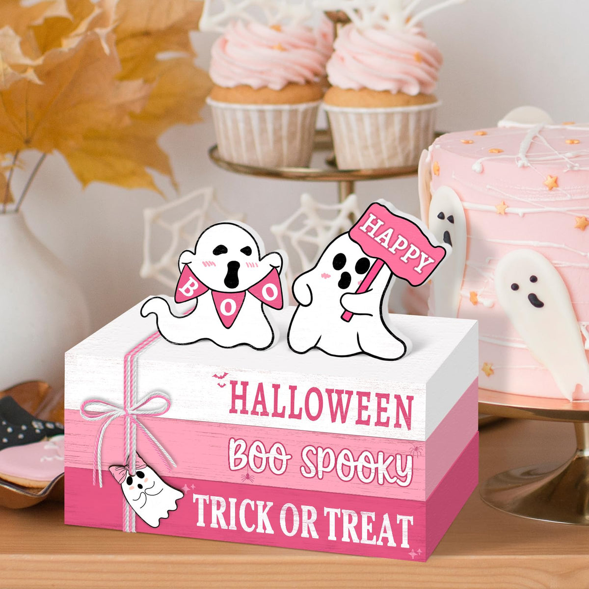 Culudea 6 Pcs Halloween Decorations for home Pink Ghost Wooden Book Stack Sign Halloween Table Decor Tiered Tray Decor with Hanging Ghost Boo Table Centerpiece for Home Shelf Mantel