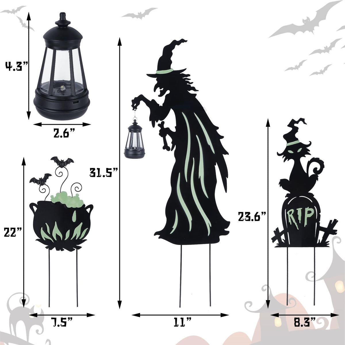 Prsildan Halloween Decorations Outdoor - 3 Pack Metal Witch Yard Stakes with Solar Lantern & Glow in The Dark Cauldron + Tombstone, Lighted Witches Silhouette Decor for Porch Garden Lawn Cemetery