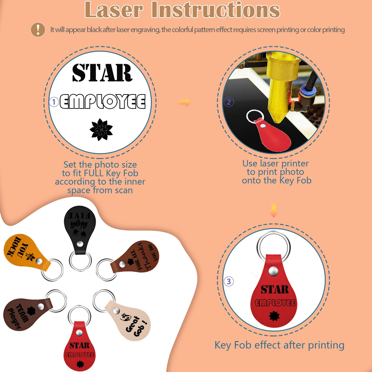 iFForce 60 Pcs Lasable Engravable Blanks - Leatherette Iron on Hat Patches & PU Leather Key Fob Kit for DIY Custom Laser Engraving Craft Gifts