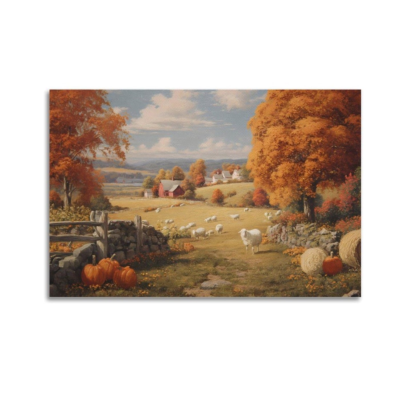 GoiaPvb Autumn Wall Painting Pumpkin Autumn Landscape Poster Farmhouse Pumpkin Canvas Painting Sheep Flock for Home Wall Decoration for Room Aesthetic