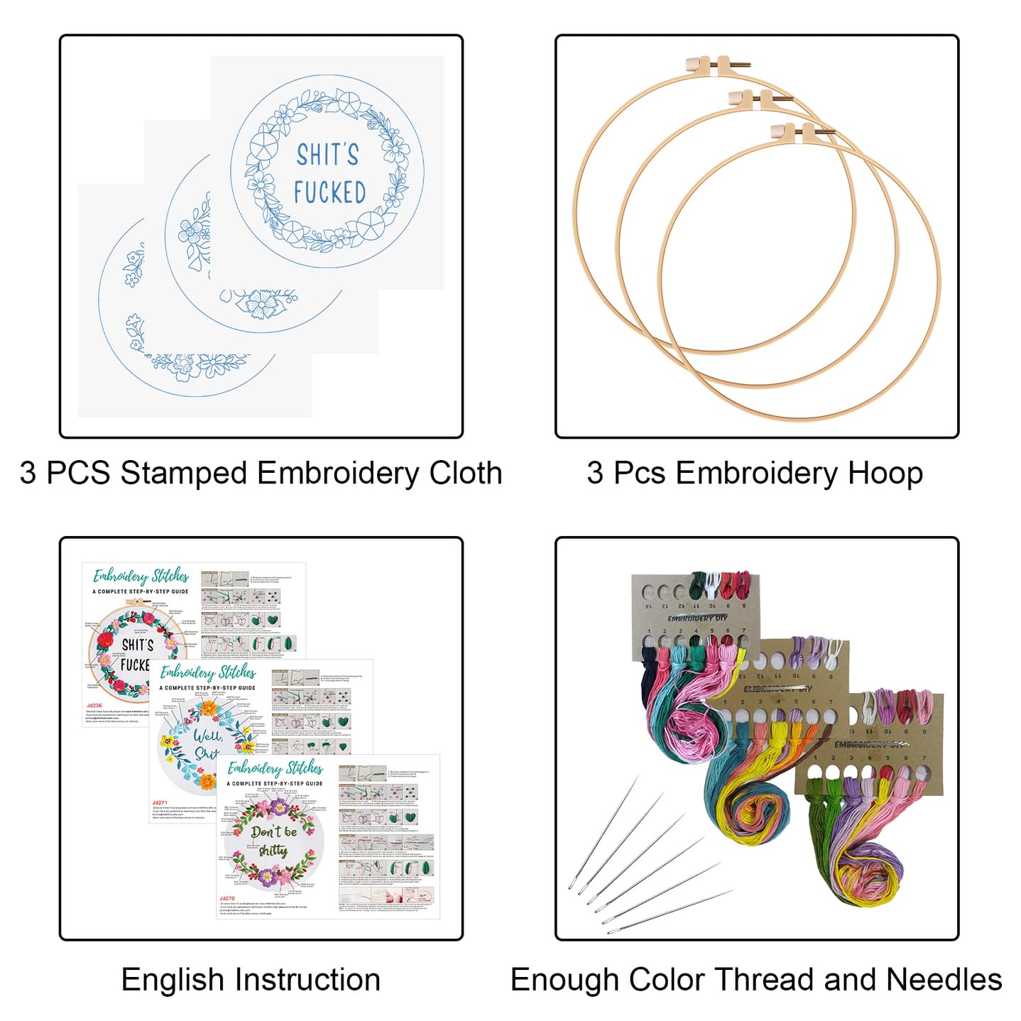 Louise Maelys 3 Sets Funny Embroidery Kits for Beginners,Cross Stitch Kit for Adults,DIY Starters Needlepoint with Flower Wreath Pattern,Including Instruction and Threads