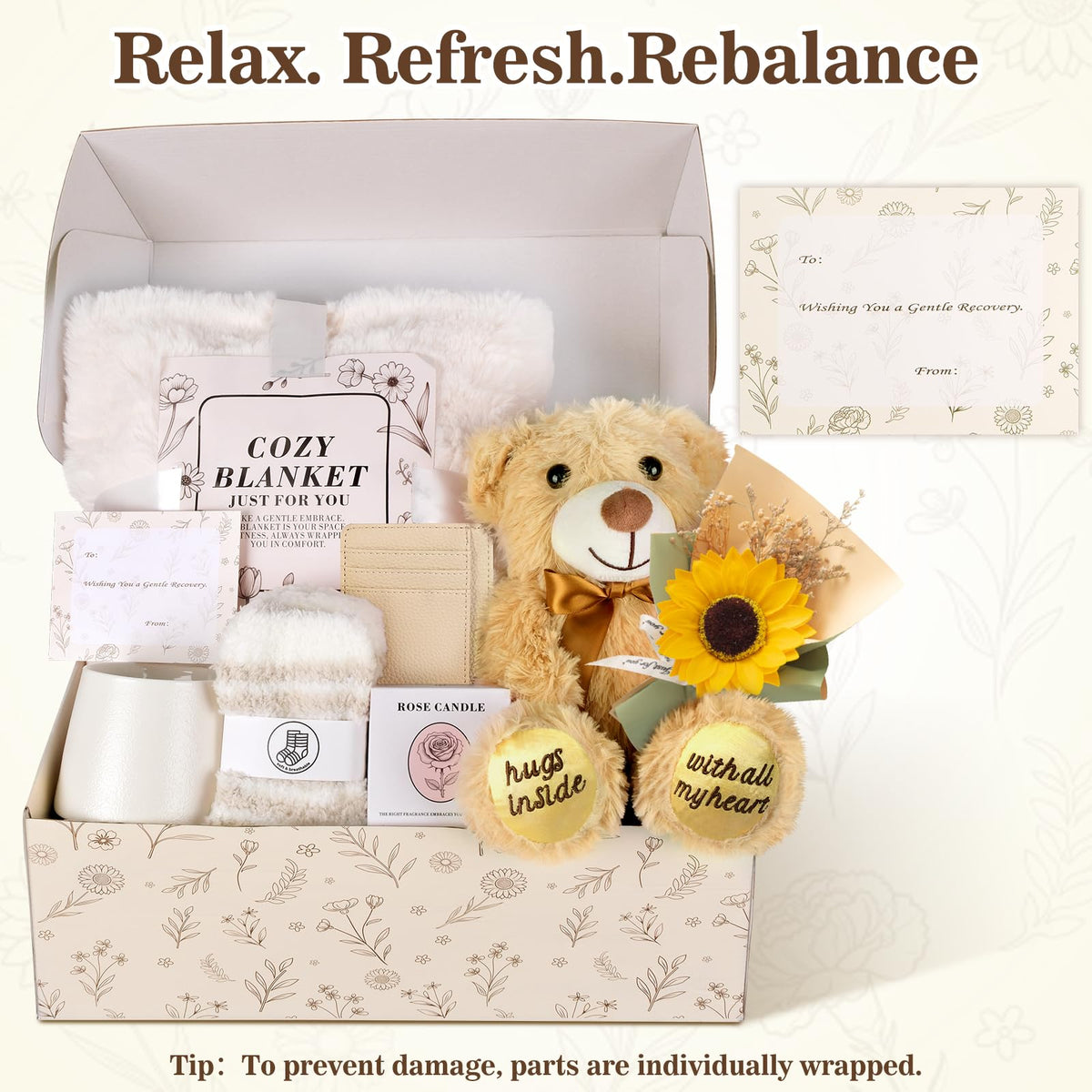 Get Well Soon Gift Basket for Women, Chemo Care Package for Women After Surgery, Thinking of You Sympathy Gift Basket, Spa Gift Set for Her, Hug in a Box with Blanket, Mug, Teddy Bear, Aromatherapy
