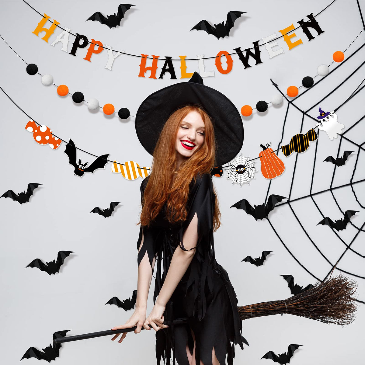 Hotop Halloween Banner Set: Pom Pom Garland, Candy Banner, Bat Decorations for Party Decor