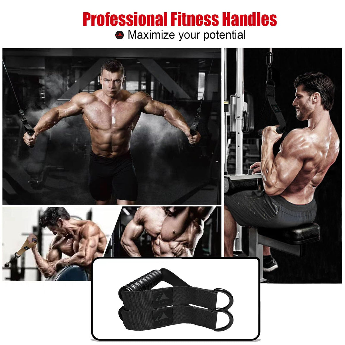 Vigoog Heavy Duty Exercise Handles, Ultra-Durable Rubber Workout Grip Attachments for Cable Machines, LAT Pulldown, Resistance Bands, Home Gym and Commercial Fitness Equipment (Carbon Black XG)