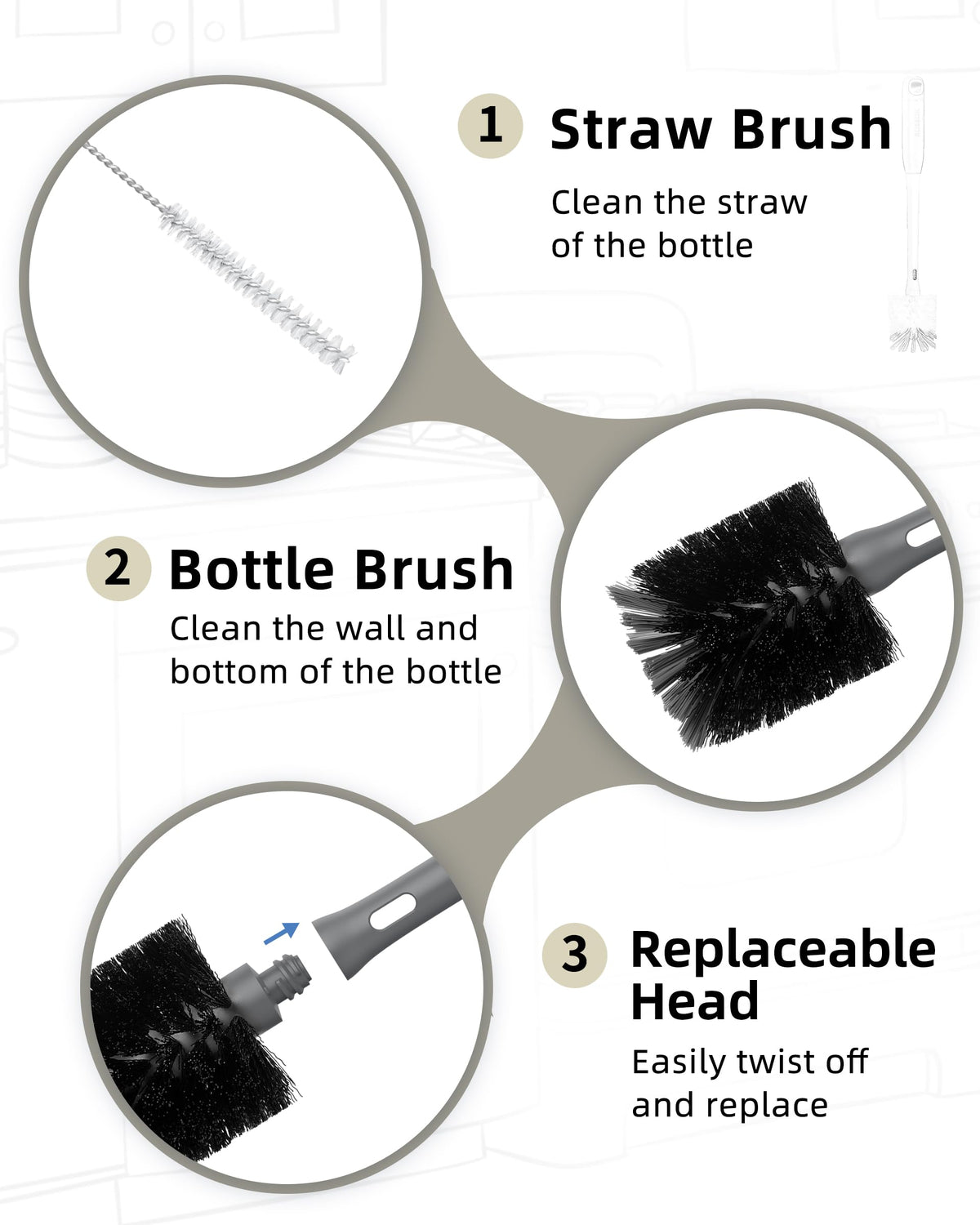 ROSEOK 2 in 1 Long Handle Bottle Brush with Straw Brush for Cleaning Glass, Sports Bottle, Coffee Mug, Black, 1 Pack