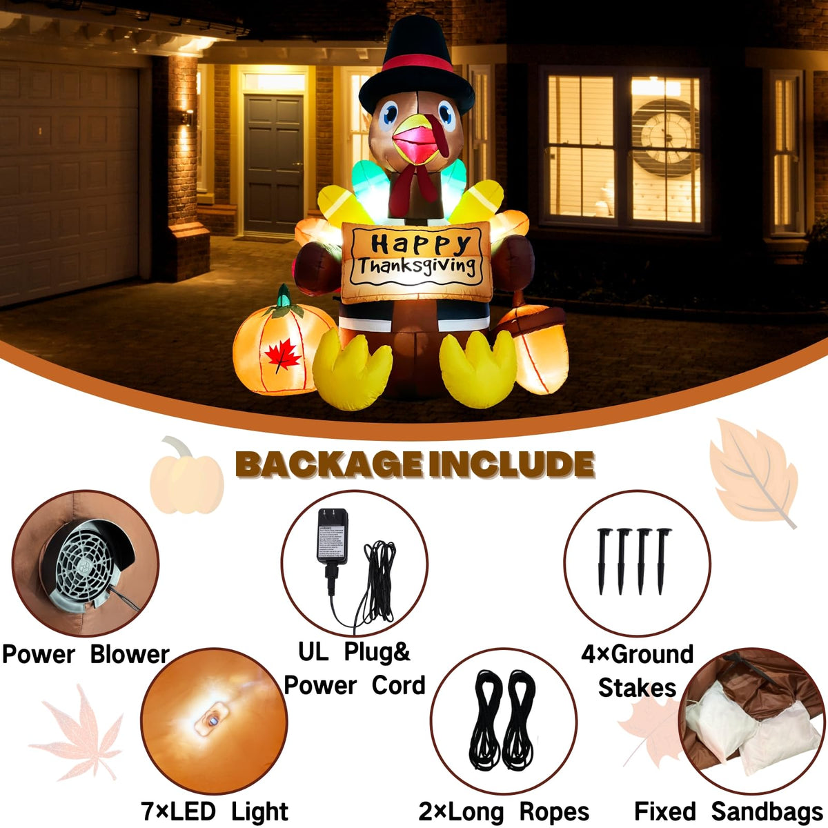 Wabolay Inflatable Turkey Lawn Decoration Thanksgiving Inflatables Outdoor Yard Decorations 6ft Giant Blow Up Turkey with Pilgrim Hat Led Light for Happy Fall Holiday Indoor Outside Autumn Décor