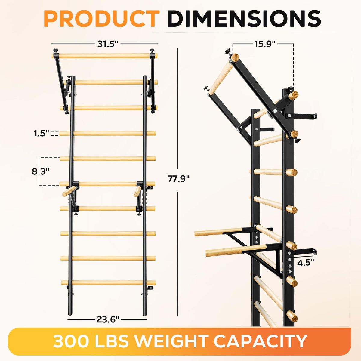 GymYard Swedish Ladder, Wood Stall Bar, Swedish ladders Wall Gym Adult, Adjustable Pull Up and Dip Station for Adults and Kids, 9-Anchor Solid Pine, Home Fitness