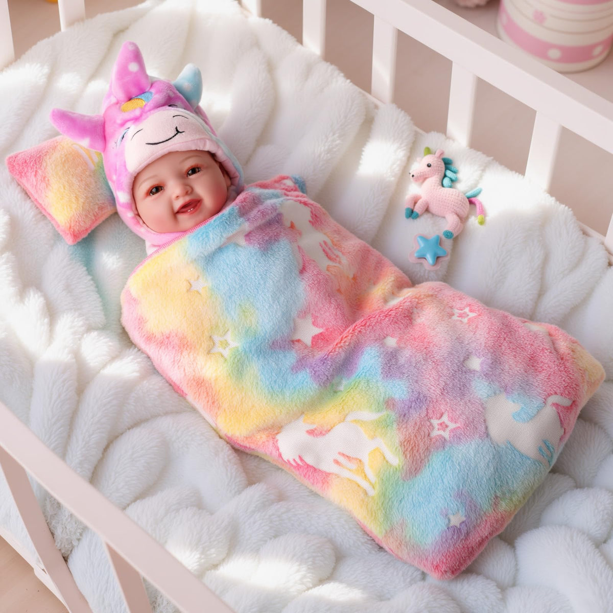 BABESIDE 2 Pcs Reborn Baby Doll Bedding Set for 12-17 Inch Dolls, Cute Animal & Star Pattern Doll Blanket and Pillow Set, Soft Bedding for Pretend Play and Dollhouse Accessories