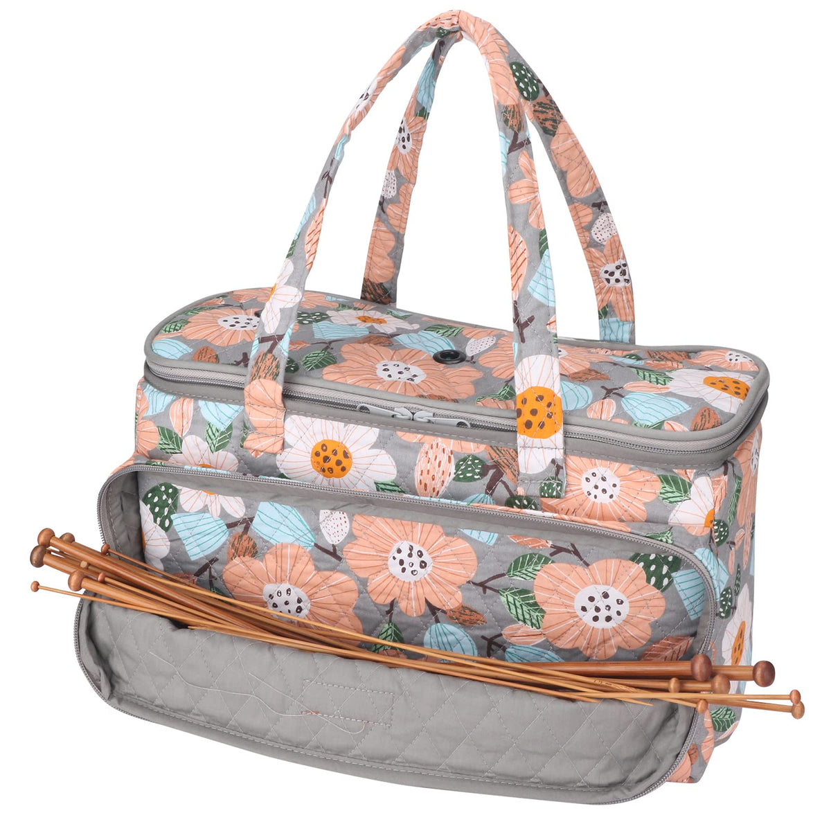 Hanfetch Yarn Bag-Large Size-Yarn Storage Organizer with Grommets-Portable Crochet Bag for Yarn Skeins-Crochet Hooks-Knitting Needles -Other Accessories (Flower-Grey)