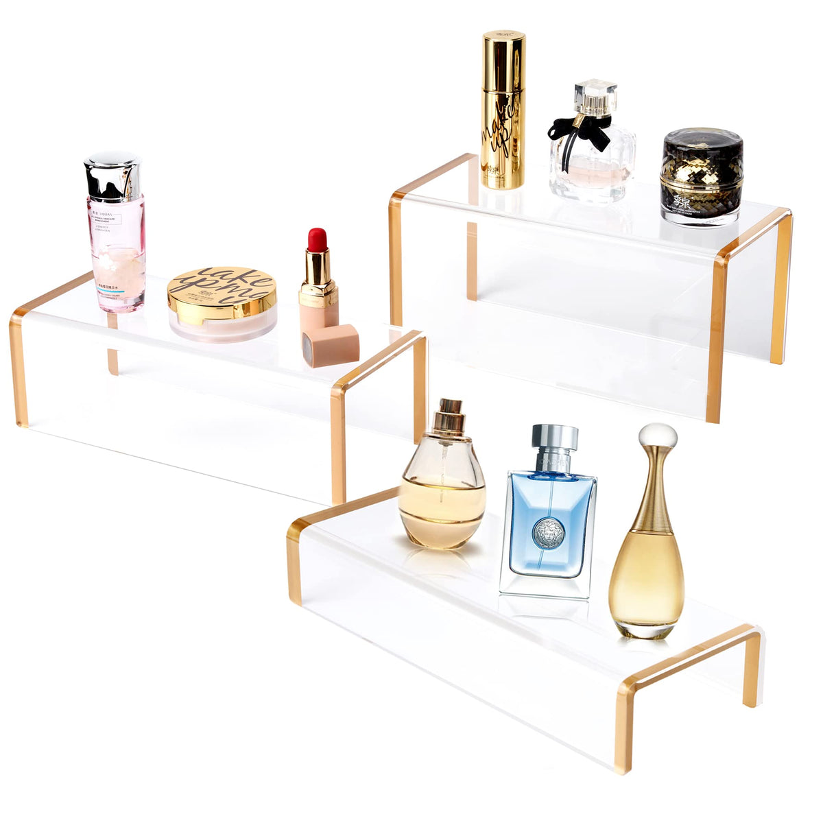 Purse Display Stand, 6mm Thick Clear Acrylic Risers Display Stands, Gold Shoe Display Riser, 3 Pack Luxury Handbag Bag Wallet Shoes Jewelry Perfume Display Showcase for Closet Retail Vendor Store
