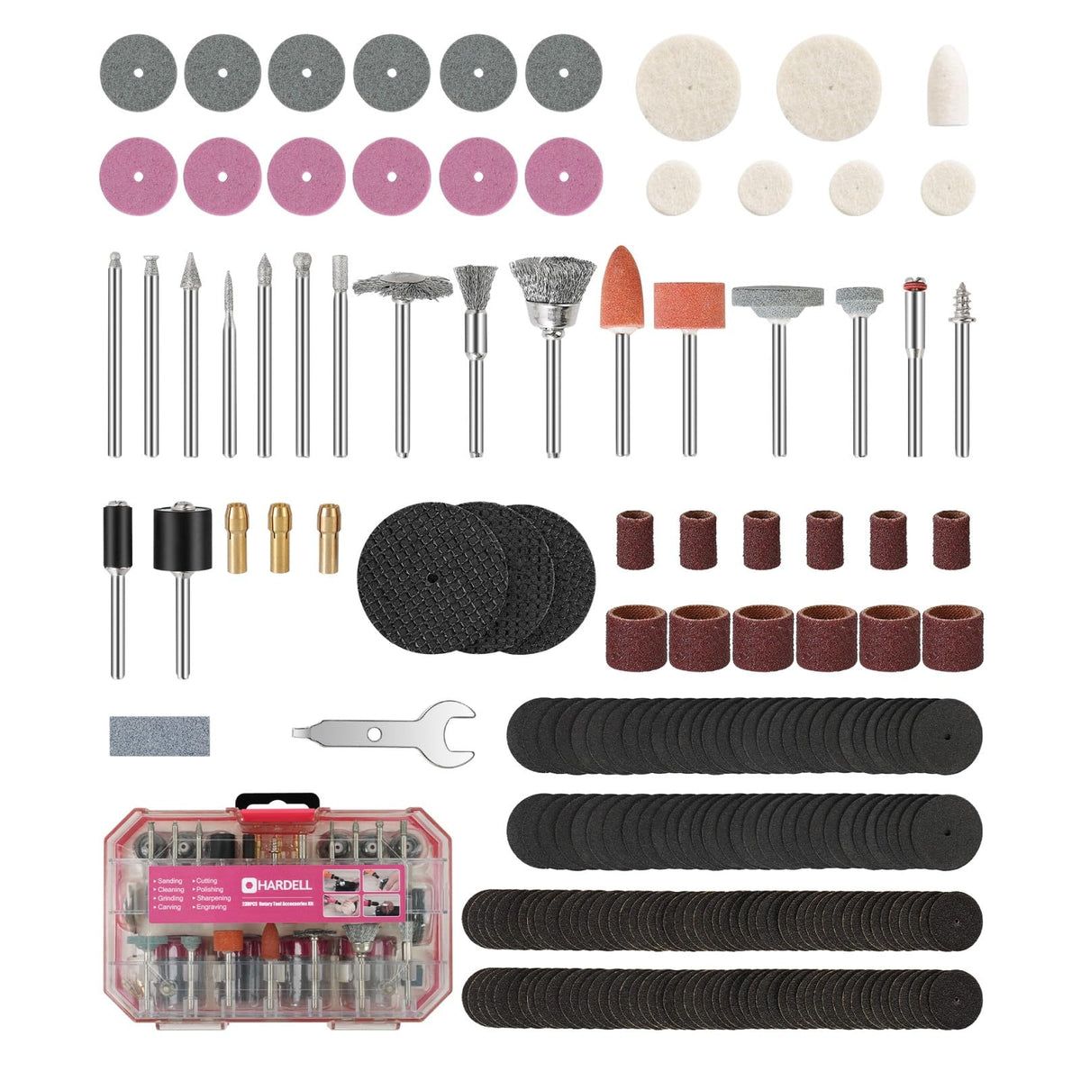 HARDELL Rotary Tool Accessories, 230pcs Power Rotary Tool Accessories Kit, 1/8"(3.2mm) Diameter Shanks, Universal Fitment for Easy Cutting, Polishing, Sanding, Carving, Grinding(Pink)