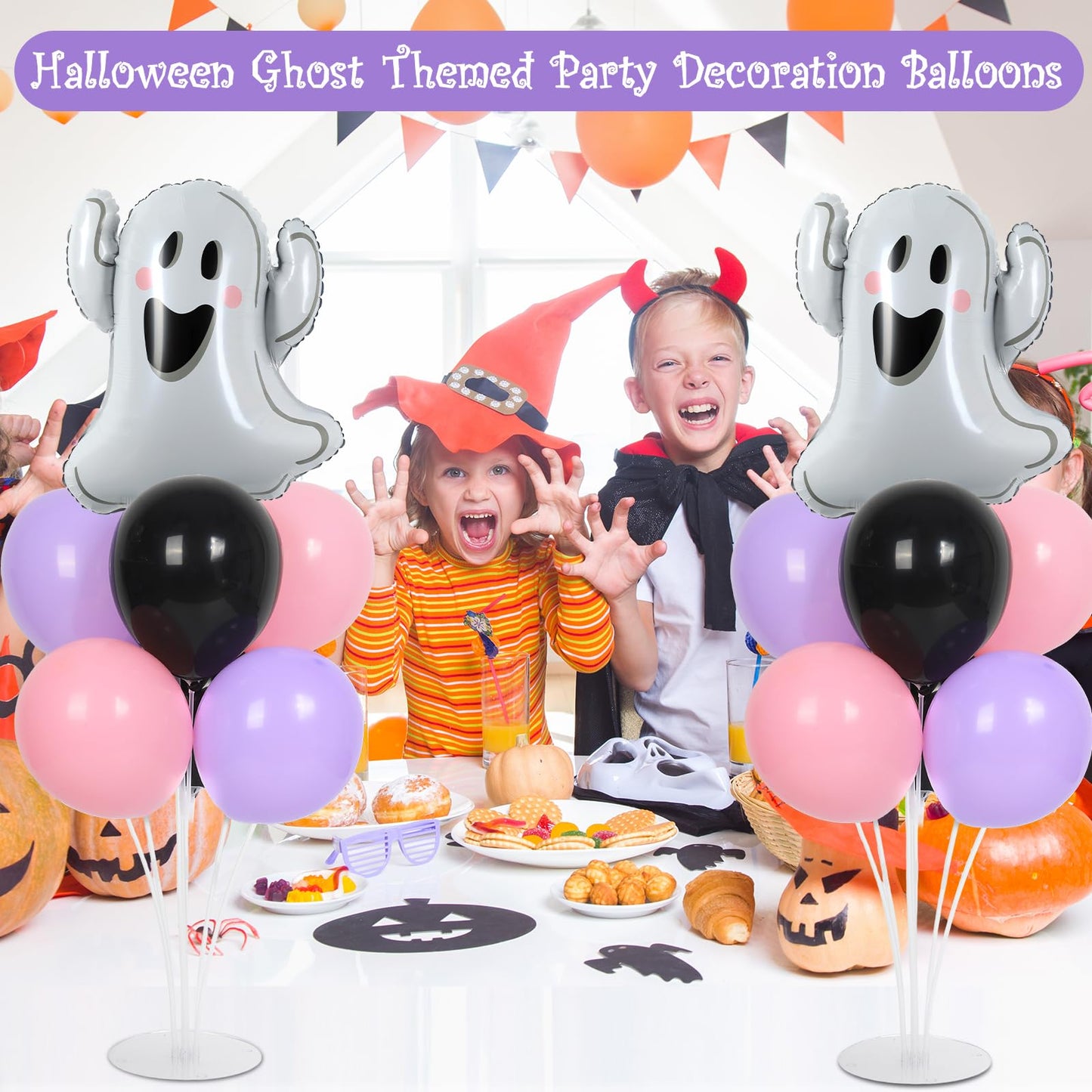 Halloween Ghost Party Balloons Stand Kit 2 Sets with 2 White Ghost Foil Balloons Pink Black and Purple Balloon Centerpiece for Tables for Baby Shower Horror Birthday Party Decorations