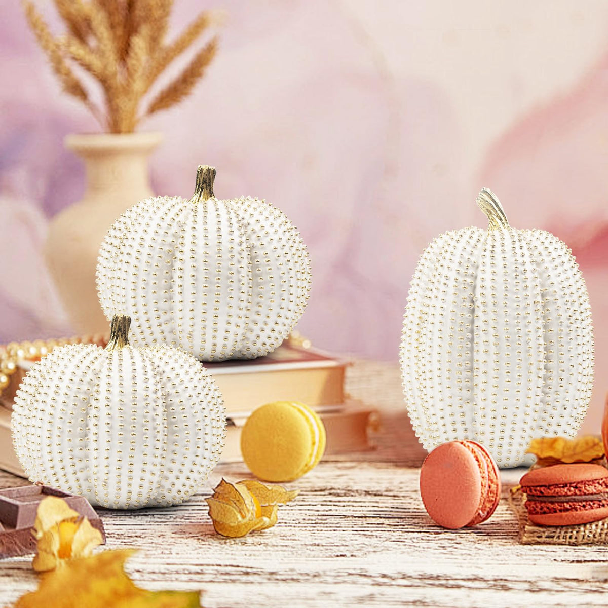 TaoQ C 3 PCS Large Thanksgiving Resin Pumpkin, Fall Pumpkin Figurines White and Gold Glitter Resin Pumpkin for Home Kitchen Halloween Thanksgiving Fall Harvest Decoration