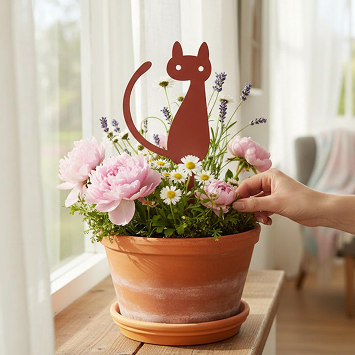 Elegant Cat Metal Garden Stake – Powder-Coated Steel Plant Pick for Pots & Planters, Rustic Indoor/Outdoor Decorative Accent