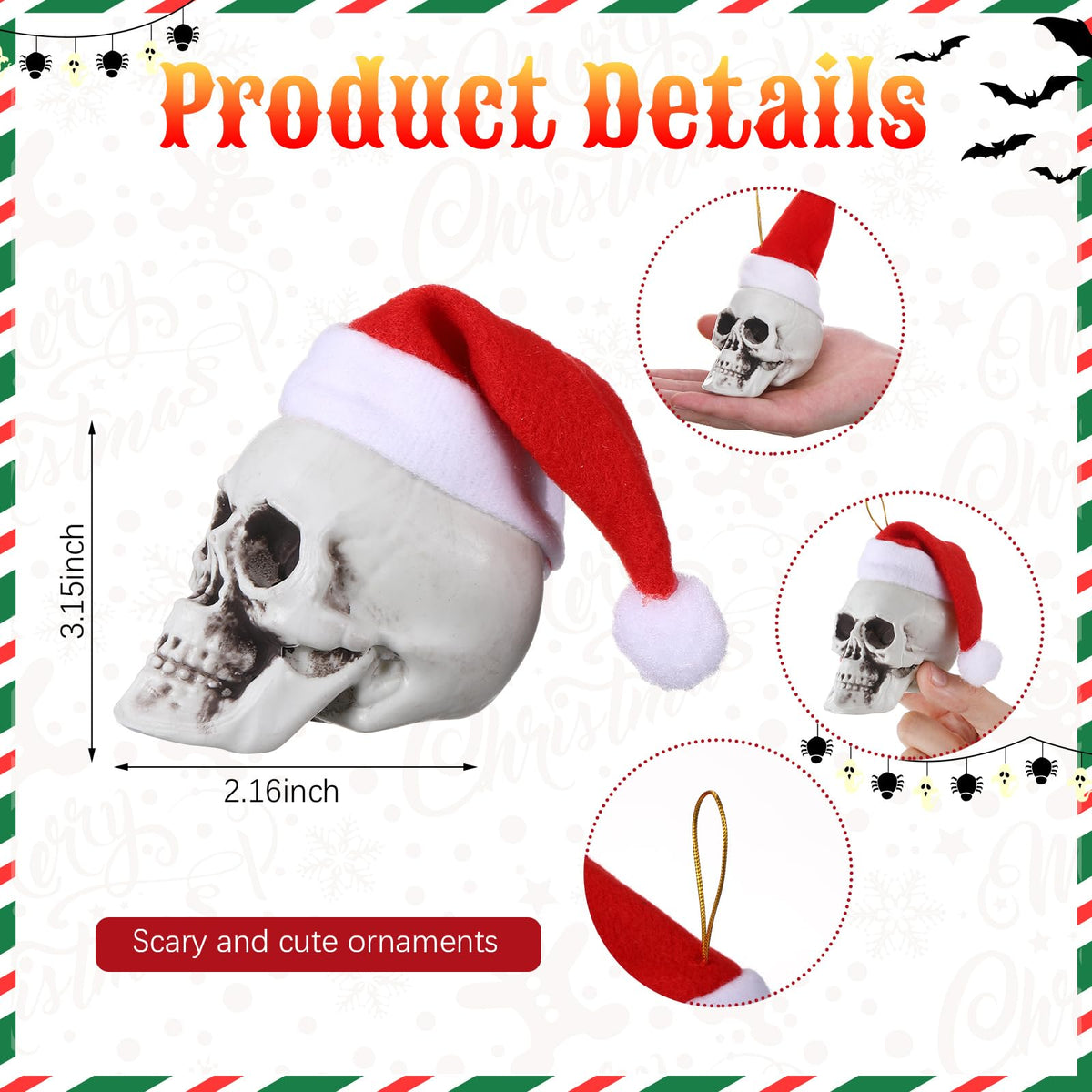 Lenwen 24 Pcs Mini Hanging Skull Heads Santa Hat Halloween Skeleton Head Tree Ornament Decorations for Holiday Party Xmas Tree Decor(3.15 Inch)