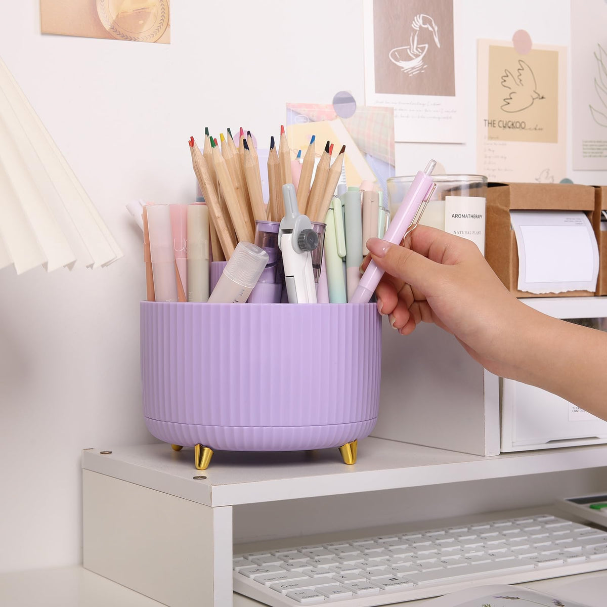 SKYDUE 360 Rotating Purple Pen & Art Supply Organizer - 5 Slot Desk Organizer for Office, School, Home